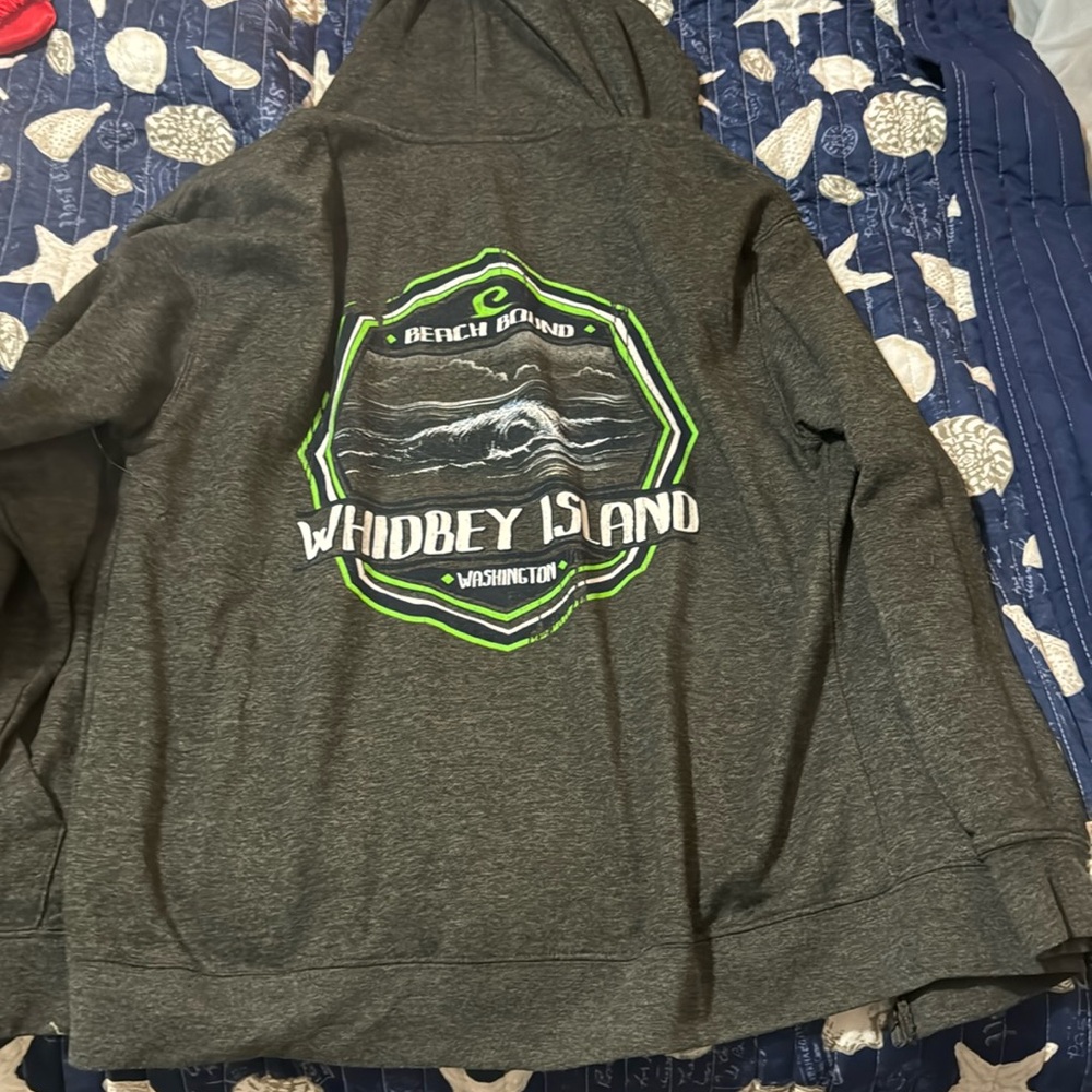 Beach bound Whidbey island long sleeve hoodie with hood grey black green
